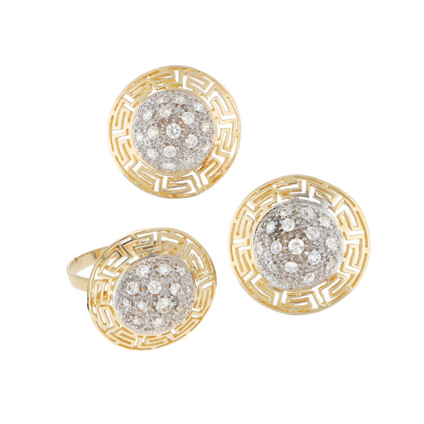Juego de anillo y aretes calados con sintéticos en oro amarillo 14 kilates.