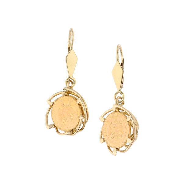 Aretes calados con aplicación moneda de dos pesos oro mexicano 21.6 kilates en oro amarillo 10 kilates.