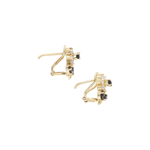 Aretes diseño especial motivo flor con sintéticos en oro amarillo 14 kilates.