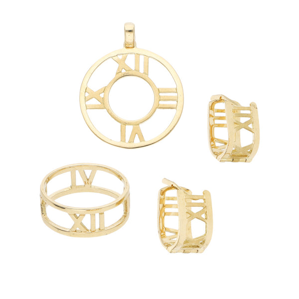 Juego de anillo, dije, aretes calados motivo números romanos en oro amarillo 14 kilates.