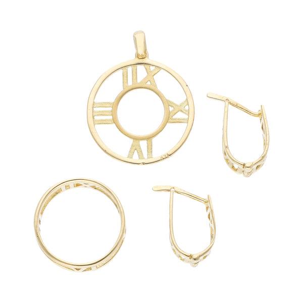Juego de anillo, dije, aretes calados motivo números romanos en oro amarillo 14 kilates.