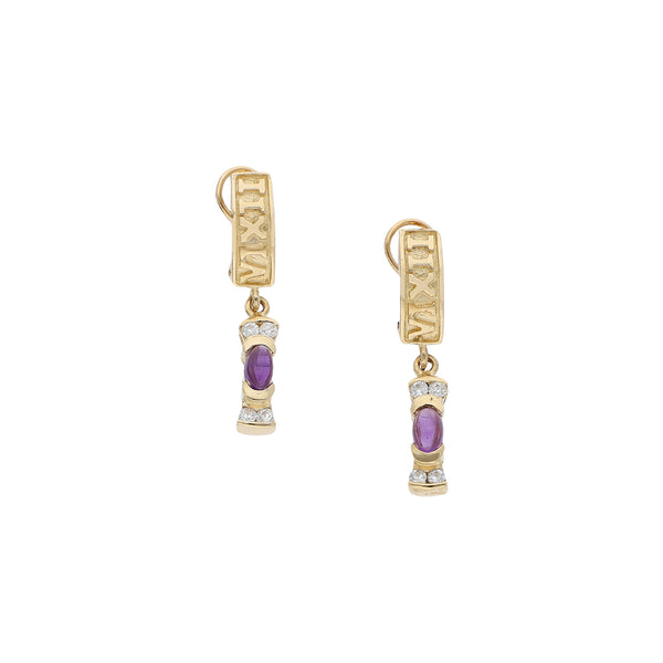 Aretes diseño especial con colgantes y sintéticos en oro amarillo 14 kilates.