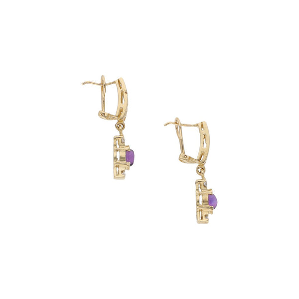 Aretes diseño especial con colgantes y sintéticos en oro amarillo 14 kilates.