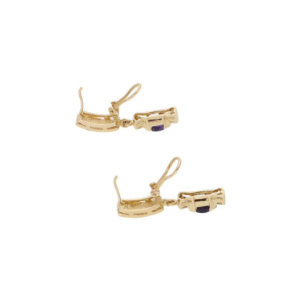 Aretes diseño especial con colgantes y sintéticos en oro amarillo 14 kilates.