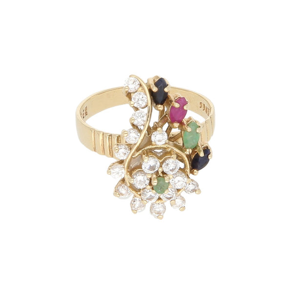 Anillo calado con sintéticos en oro amarillo 14 kilates.