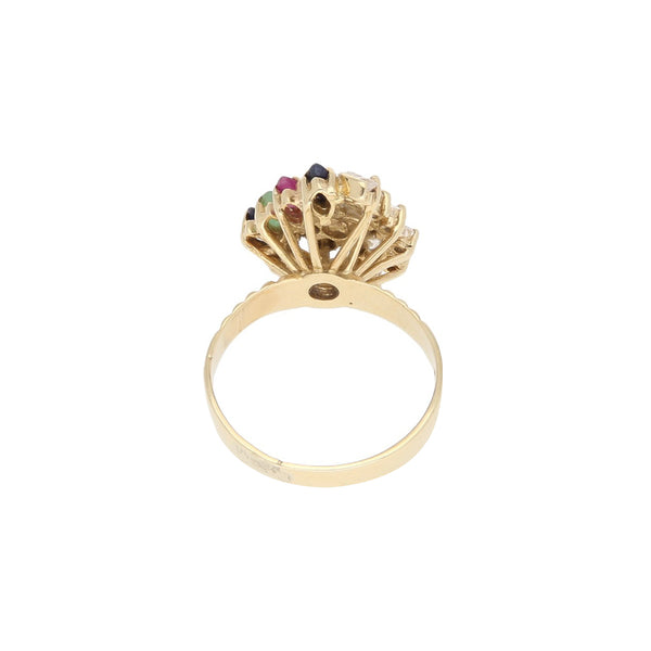 Anillo calado con sintéticos en oro amarillo 14 kilates.