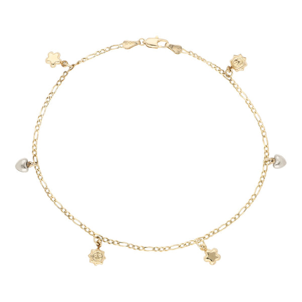 Pulsera de tres eslabones por uno con colgantes figuras diferentes en oro dos tonos 14 kilates.