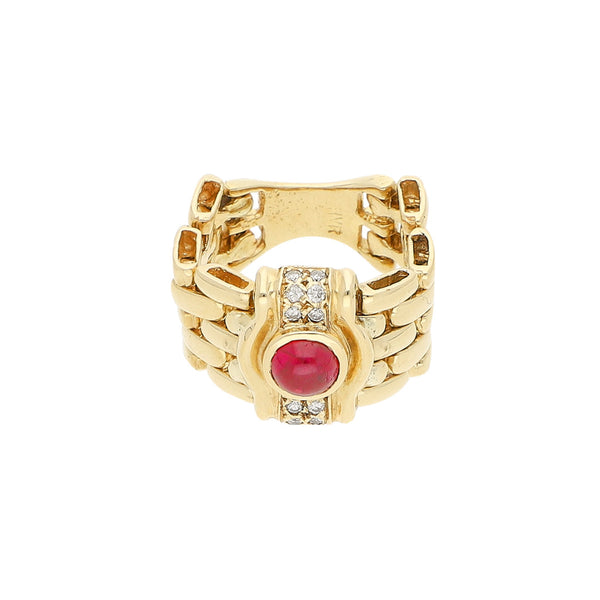 Anillo articulado con diamantes y sintético en oro amarillo 14 kilates.