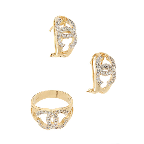 Juego de anillo y aretes diseño especial con circonias en oro amarillo 14 kilates.