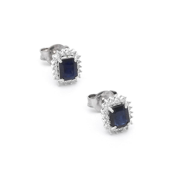 Aretes diseño especial con diamantes y zafiros en oro blanco 14 kilates.