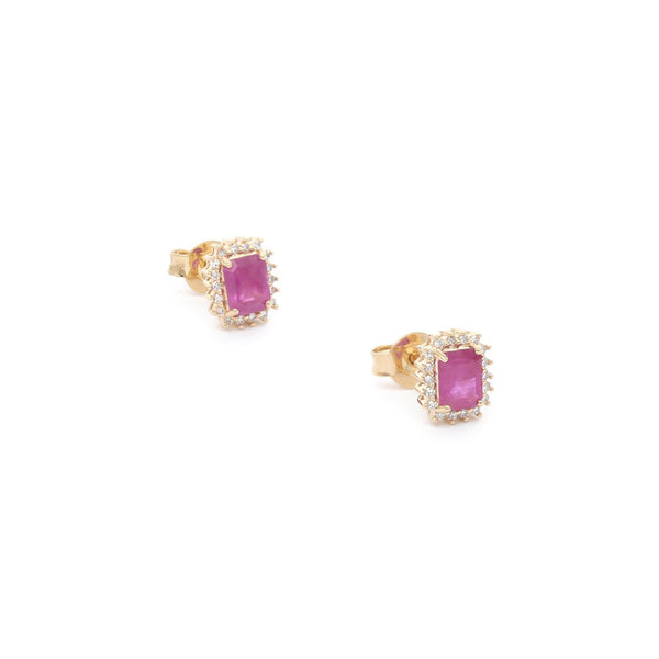 Aretes diseño especial con diamantes y rubí en oro amarillo 14 kilates.
