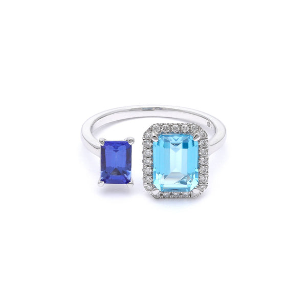 Anillo diseño especial con diamantes, tanzanita y topacio en oro blanco 14 kilates.