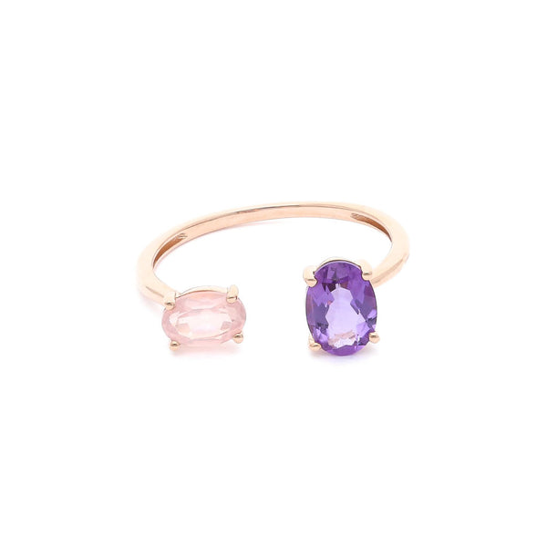 Anillo abierto con amatista y cuarzo en oro rosa 14 kilates.