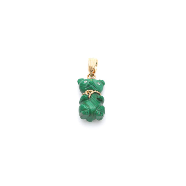 Dije diseño especial en malaquita motivo oso con diamantes, aplicaciones, asa y reasa en oro amarillo 14 kilates.