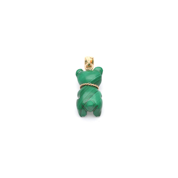 Dije diseño especial en malaquita motivo oso con diamantes, aplicaciones, asa y reasa en oro amarillo 14 kilates.