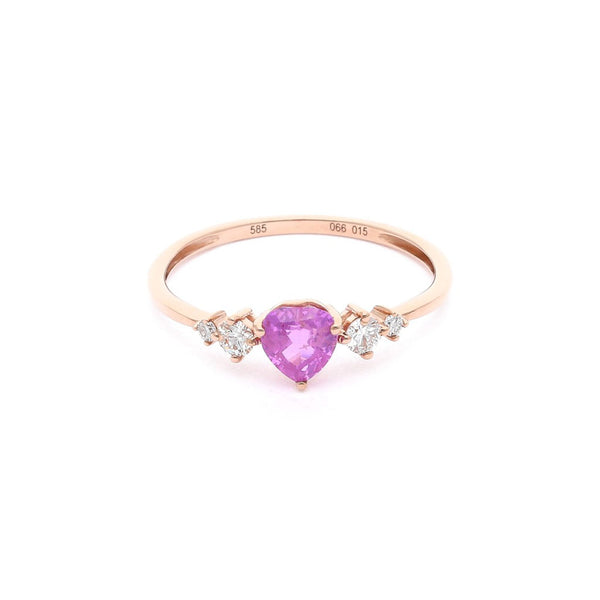 Anillo diseño especial con diamantes y zafiro rosa en oro rosa 14 kilates.