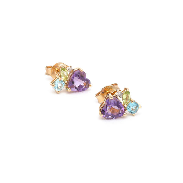 Aretes diseño especial con amatista, circonias, peridoto y topacio en oro amarillo 14 kilates.