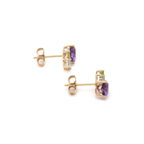 Aretes diseño especial con amatista, circonias, peridoto y topacio en oro amarillo 14 kilates.