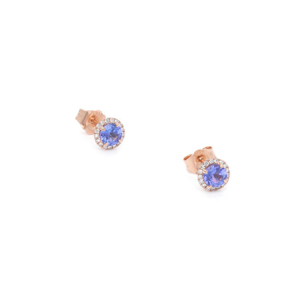 Aretes diseño especial con diamantes y tanzanita en oro rosa 14 kilates.