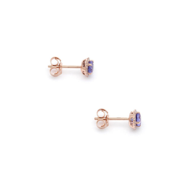 Aretes diseño especial con diamantes y tanzanita en oro rosa 14 kilates.