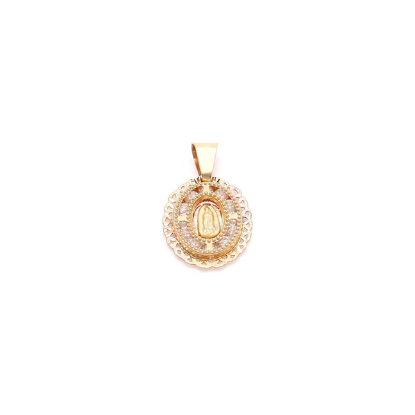 Medalla calada motivo Virgen de Guadalupe con sintéticos en oro amarillo 14 kilates.