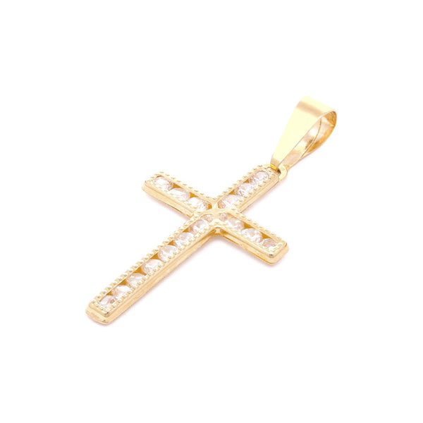 Cruz diseño especial con sintéticos en oro amarillo 14 kilates.