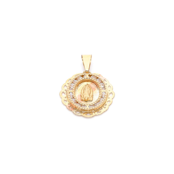 Medalla diseño especial con sintéticos motivo Virgen de Guadalupe en oro amarillo 14 kilates.