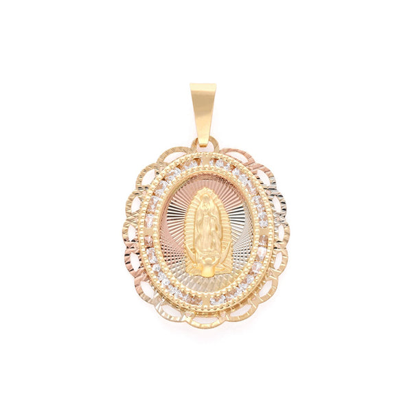 Medalla calada motivo Virgen de Guadalupe con sintéticos en oro amarillo 14 kilates.