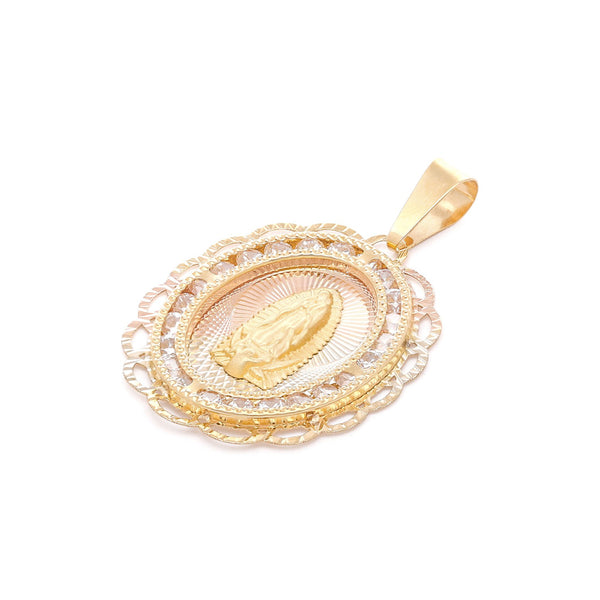 Medalla calada motivo Virgen de Guadalupe con sintéticos en oro amarillo 14 kilates.