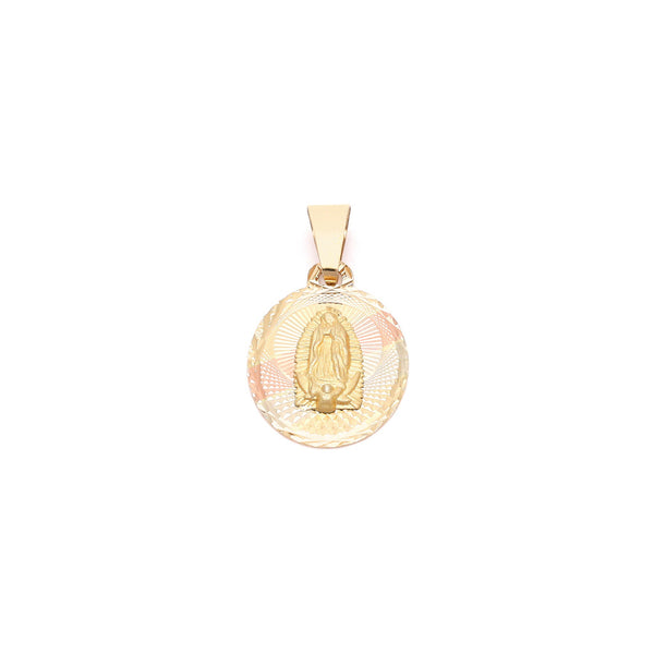 Medalla facetada motivo Virgen de Guadalupe en oro amarillo 14 kilates.