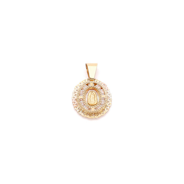 Medalla calada motivo Virgen de Guadalupe con sintéticos en oro amarillo 14 kilates.
