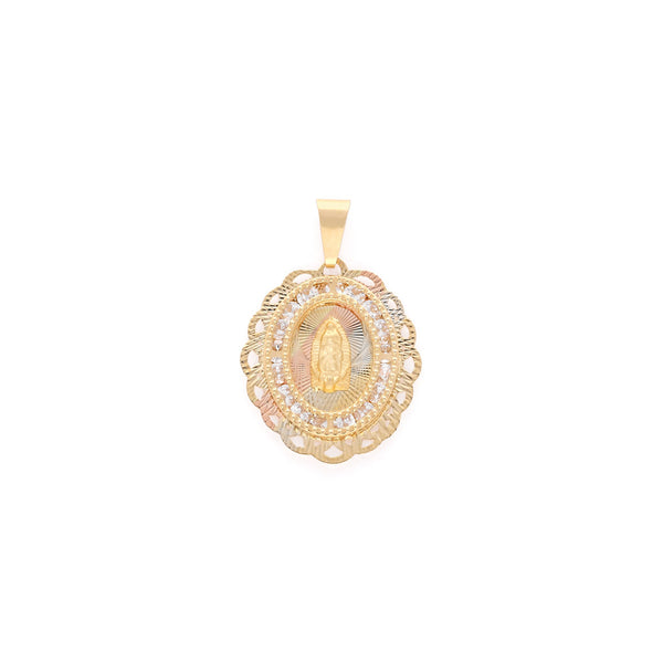 Medalla diseño especial con sintéticos motivo Virgen de Guadalupe en oro amarillo 14 kilates.