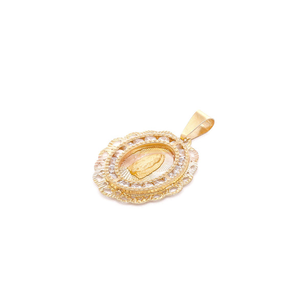 Medalla diseño especial con sintéticos motivo Virgen de Guadalupe en oro amarillo 14 kilates.