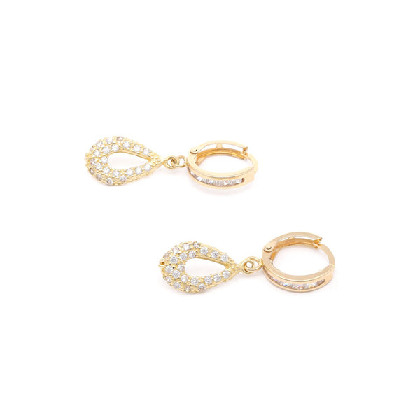 Arracadas articuladas con colgantes y sintéticos en oro amarillo 14 kilates.