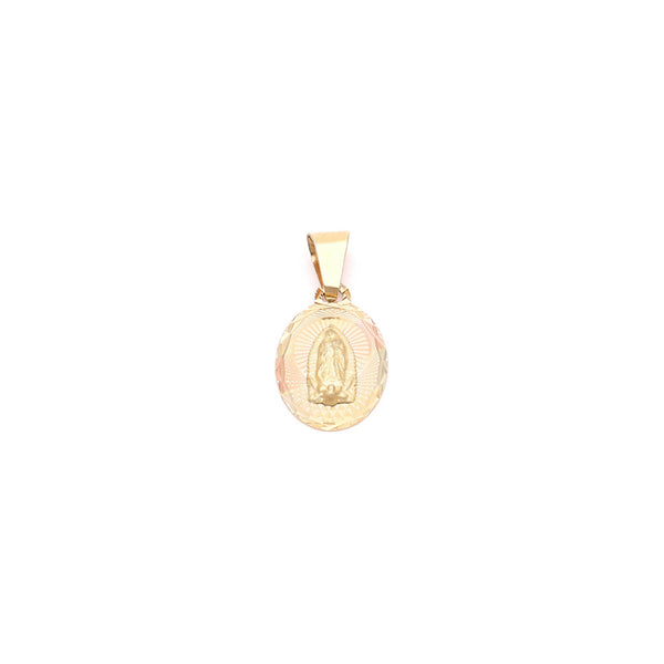 Medalla diseño especial motivo Virgen de Guadalupe en oro amarillo 14 kilates.
