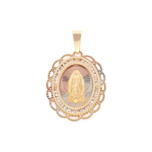 Medalla diseño especial motivo virgen de Guadalupe con sintéticos en oro amarillo 14 kilates.