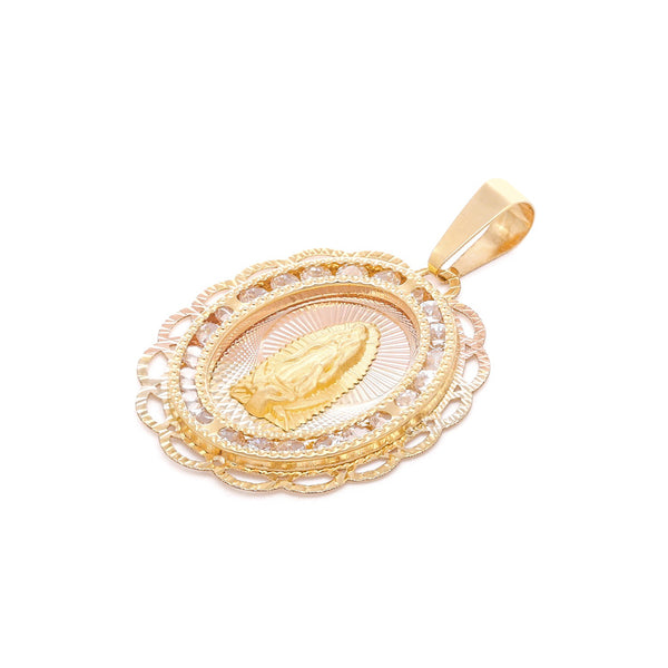 Medalla diseño especial motivo virgen de Guadalupe con sintéticos en oro amarillo 14 kilates.