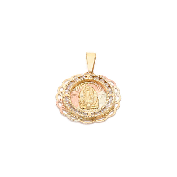 Medalla diseño especial con sintéticos motivo Virgen de Guadalupe en oro amarillo 14 kilates.