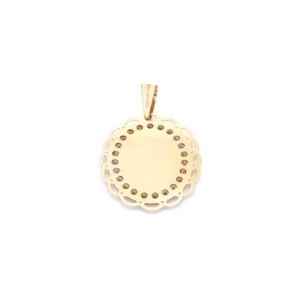 Medalla diseño especial con sintéticos motivo Virgen de Guadalupe en oro amarillo 14 kilates.