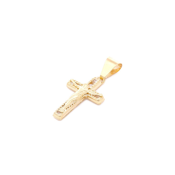 Cruz diseño especial con sintéticos en oro amarillo 14 kilates.