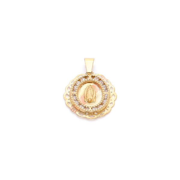 Medalla diseño especial con sintéticos motivo Virgen de Guadalupe en oro amarillo 14 kilates.