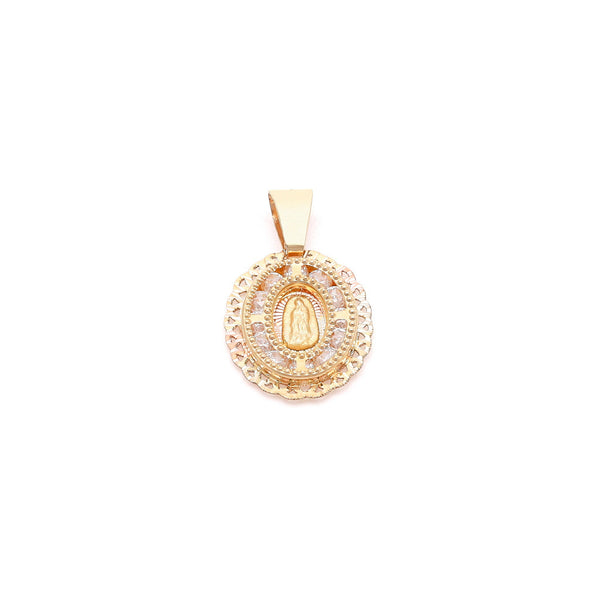 Medalla diseño especial con sintéticos motivo Virgen de Guadalupe en oro amarillo 14 kilates.