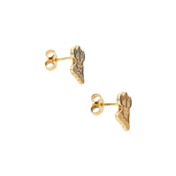 Broqueles diseño especial motivo felino con esmalte en oro amarillo 14 kilates.