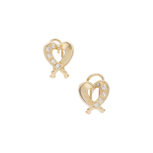 Aretes diseño especial con circonias motivo corazón en oro amarillo 14 kilates.