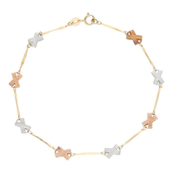 Pulsera eslabón articulado en oro tres tonos 14 kilates.