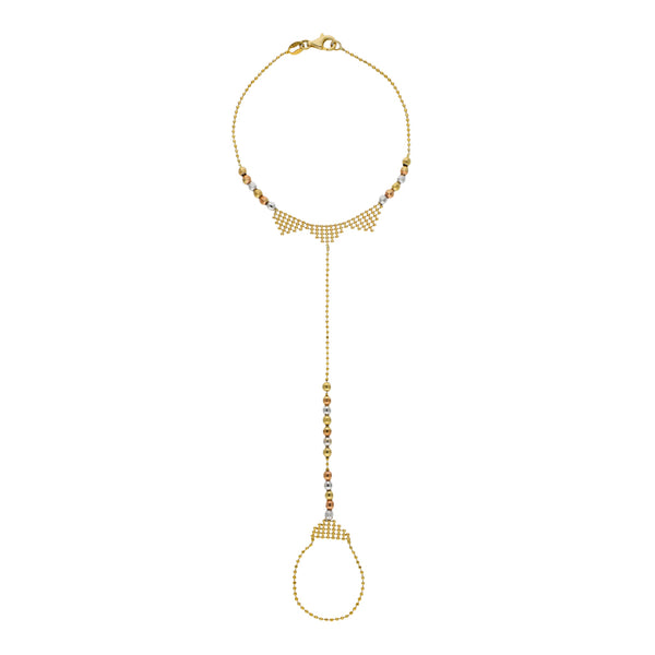 Pulsera con extensión de anillo eslabón boleado en oro tres tonos 14 kilates.