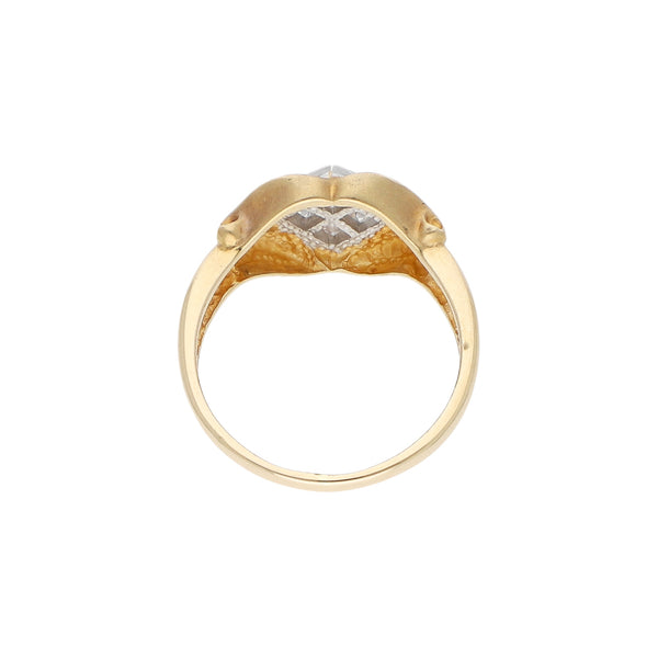 Anillo diseño especial con circonias en oro dos tonos 14 kilates.