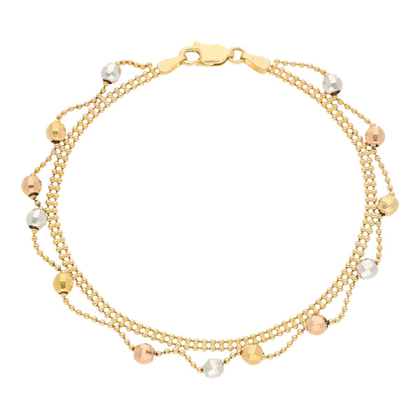 Pulsera eslabón boleado con aplicaciones en oro tres tonos 14 kilates.
