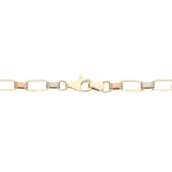 Pulsera eslabón cruzado en oro tres tonos 14 kilates.