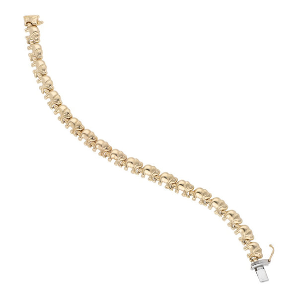 Pulsera eslabón hueco motivo elefante en oro amarillo 14 kilates.